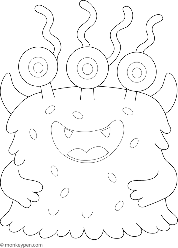 Monster cake with googly eyes and a cheerful expression, ready for children to color.