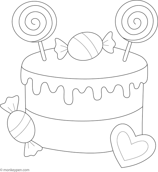 Cake decorated with candies, cookies, and lollipops, for children to color.