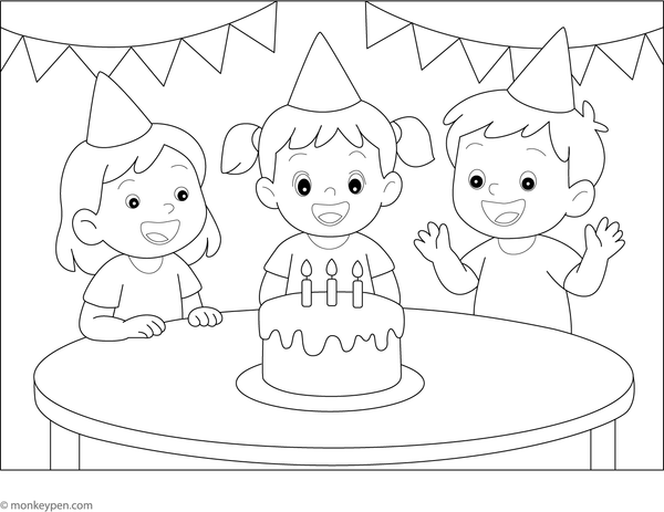 Children enjoying cake at a party, surrounded by balloons and decorations, ready for coloring.