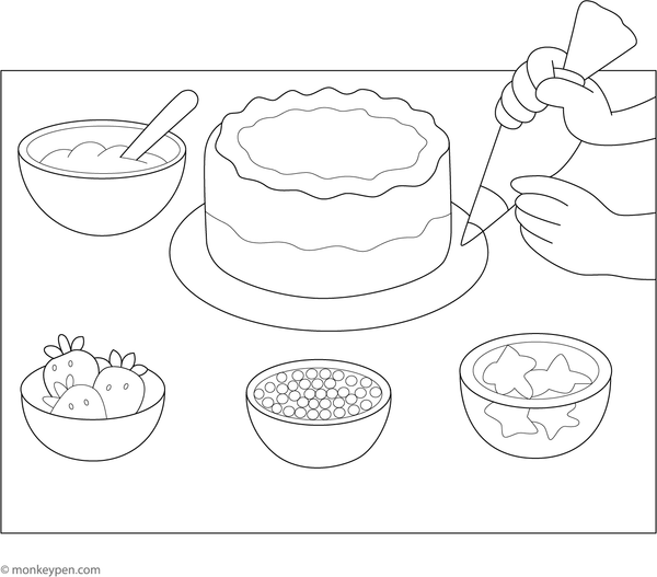Table with cake decorating supplies and a cake ready to be decorated, for children to color.