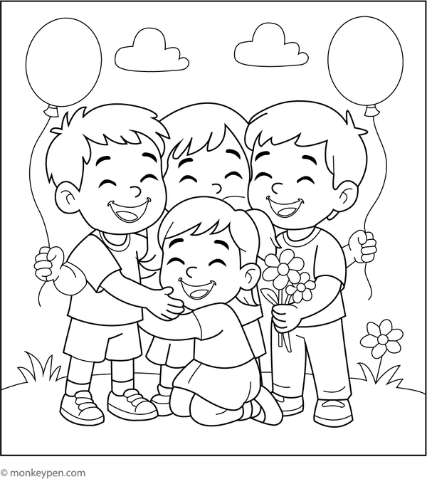 Colouring page depicting two children embracing in celebration of Friendship Day, set within a cheerful and uplifting scene suitable for young learners.