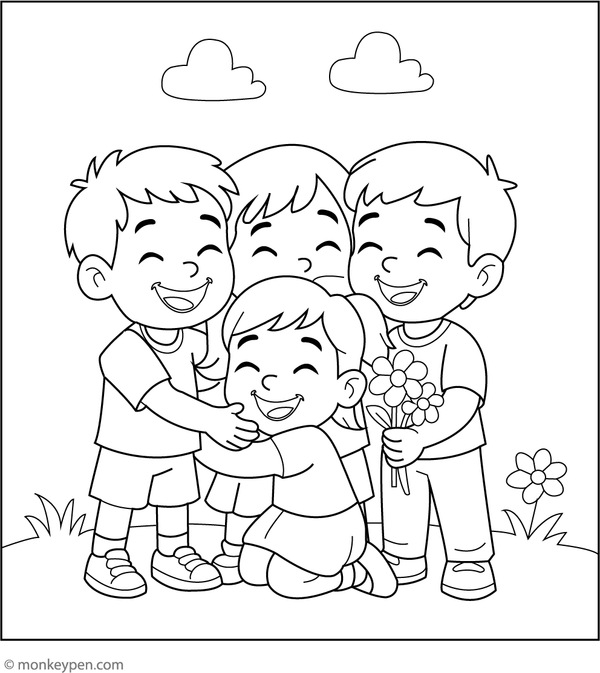 Colouring page depicting two children embracing in celebration of Friendship Day, set within a cheerful and uplifting scene suitable for young learners.