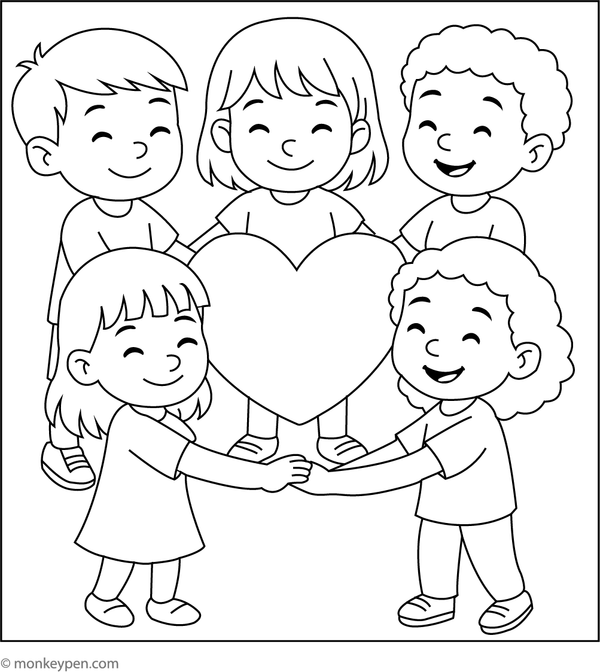 Colouring illustration of children holding hands in a circular formation, symbolizing unity and friendship.