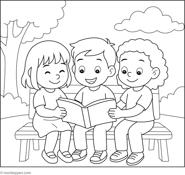 Illustrative coloring page depicting children seated together, engaged in reading a storybook—a supervised indoor activity fostering friendship and literacy among young participants.