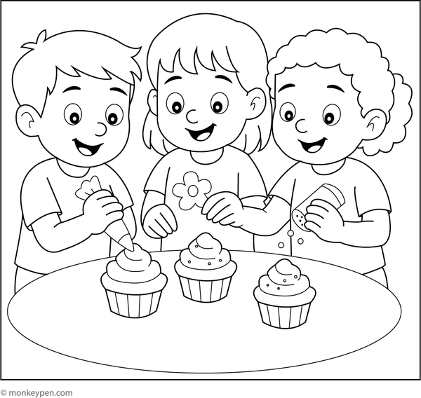 Coloring illustration showing friends partaking in a small gathering with cupcakes, illustrating a cheerful celebratory scene suitable for children.