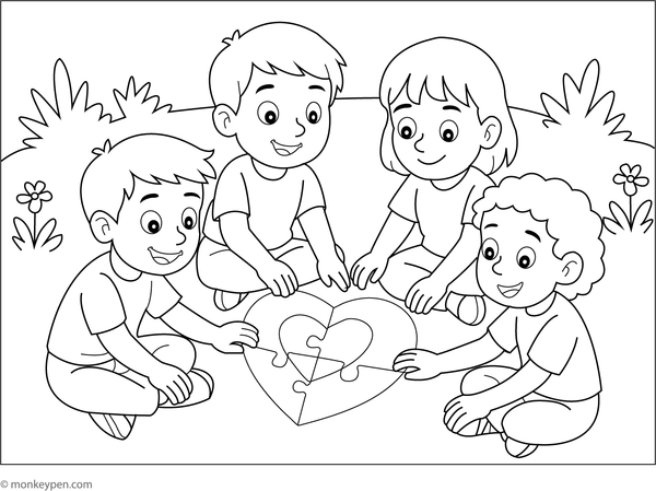 Illustration suitable for coloring showing children assembling heart shaped puzzle pieces, representing a playful activity of friendship for young learners.