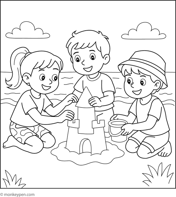 Coloring page depicting children playing on a sunny beach with sandcastles and toys, illustrating a fun outdoor scene for children.