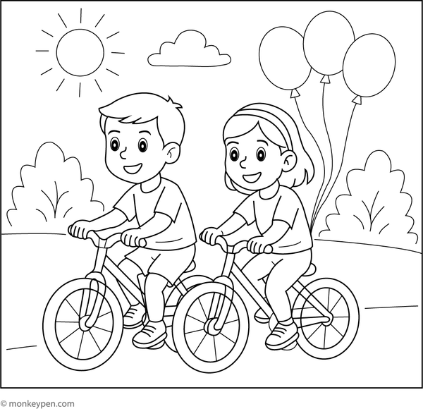 Artistic illustration depicting two children cycling together along a sunlit pathway, set within a cheerful outdoor environment suitable for young learners.