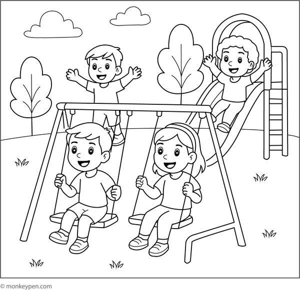 Artistic depiction of children engaged in playground activities such as swinging, sliding, and climbing within a lively outdoor setting.