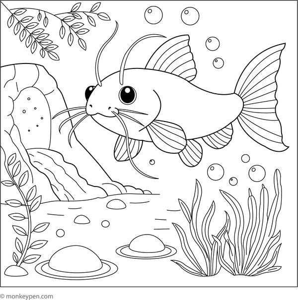 Children's coloring page featuring a catfish exploring an underwater cave with rocks and bubbles.