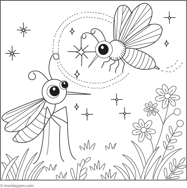 Fun children's coloring page showing a mosquito flying near glowing fireflies at night.