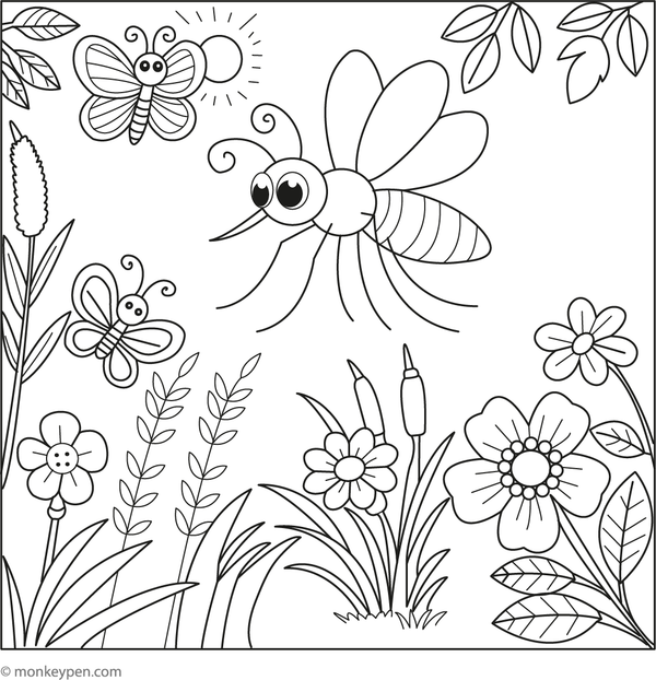 Printable coloring page of a mosquito flying through a vibrant flower garden for children to color.
