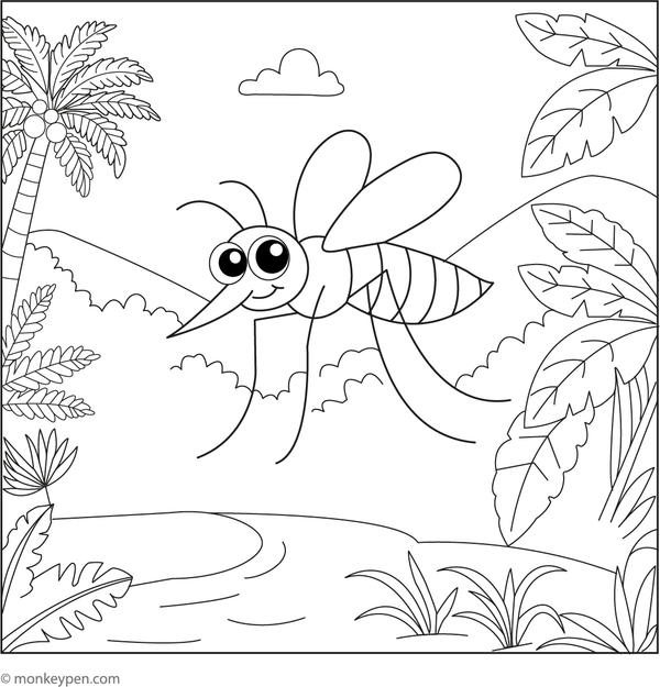 Children's rainforest coloring page with a mosquito flying among tall trees and lush foliage.