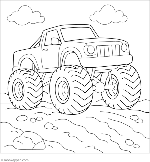 Colouring page of a huge monster truck with oversized wheels jumping over dirt ramps, fun action vehicle scene for kids.