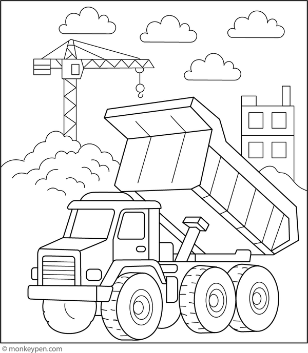 A large dump truck loaded with rocks at a construction site, perfect for children to colour and explore.