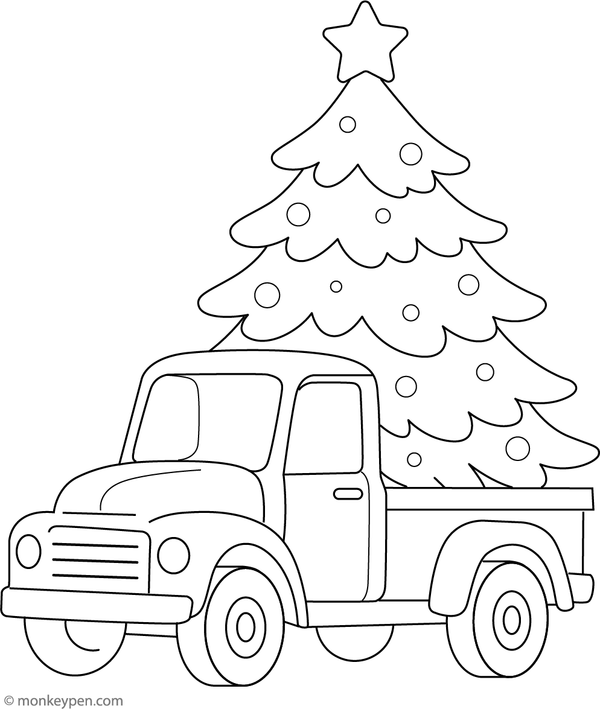 A festive Christmas truck carrying a big decorated tree, ready for children to colour in holiday spirit.