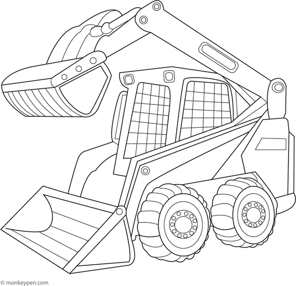 An illustration of a skid steer loader lifting its bucket high, designed for educational and coloring purposes.