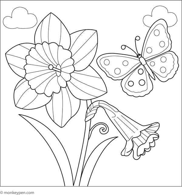Free printable daffodil and butterfly coloring page for children with a spring nature theme.