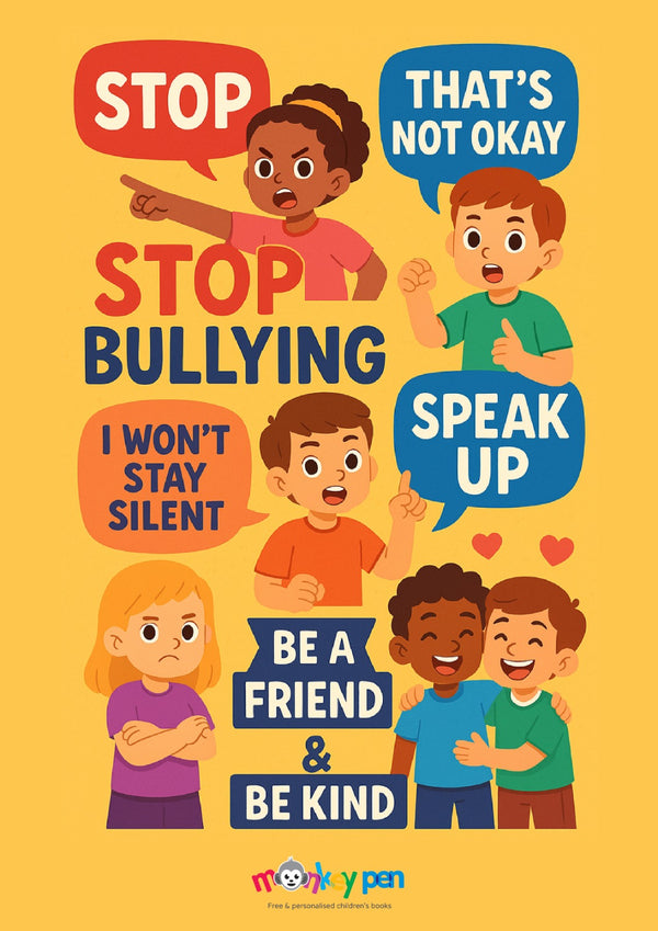 Bright anti-bullying poster featuring diverse children with speech bubbles saying ‘Stop Bullying,’ ‘Speak Up,’ and ‘That’s Not Okay.