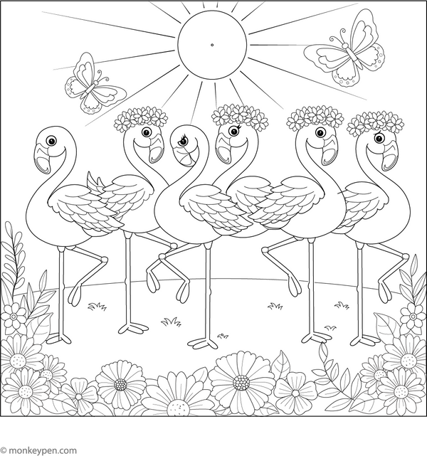 Flamingos in a Row Coloring Page
