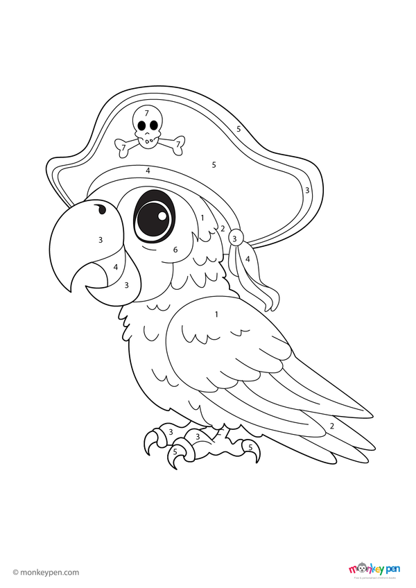 A fun and downloadable pirate parrot color-by-number worksheet for kids, featuring a colorful bird in pirate gear; a free PDF that blends number practice with creative coloring fun.