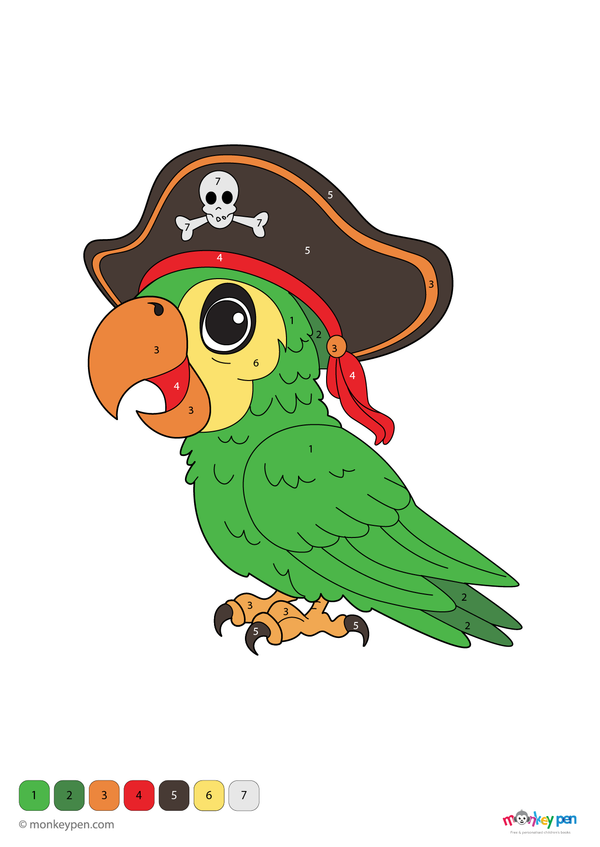 A fun and downloadable pirate parrot color-by-number worksheet for kids, featuring a colorful bird in pirate gear; a free PDF that blends number practice with creative coloring fun.