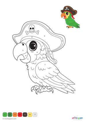 A fun and downloadable pirate parrot color-by-number worksheet for kids, featuring a colorful bird in pirate gear; a free PDF that blends number practice with creative coloring fun.