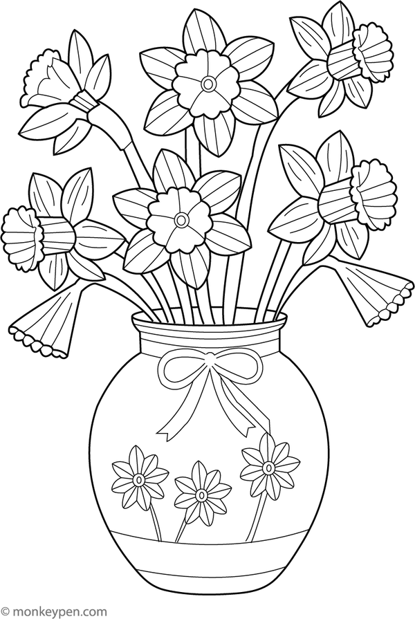 Free printable daffodils in a vase coloring page for children with simple home decor flowers.