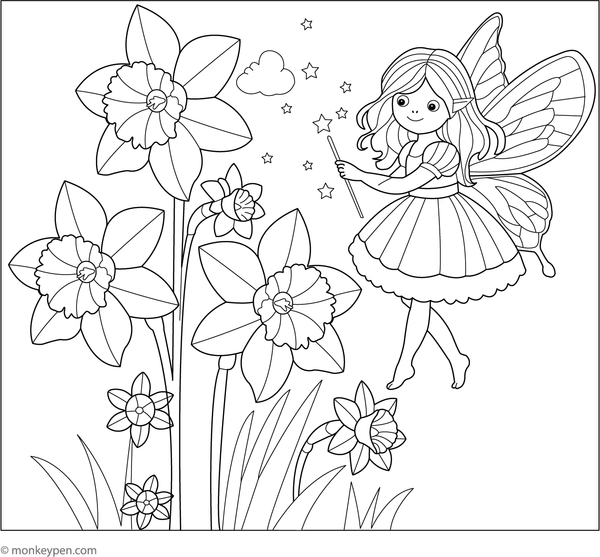 Printable coloring page featuring daffodils with a small fairy sitting beside the flowers, designed for children.