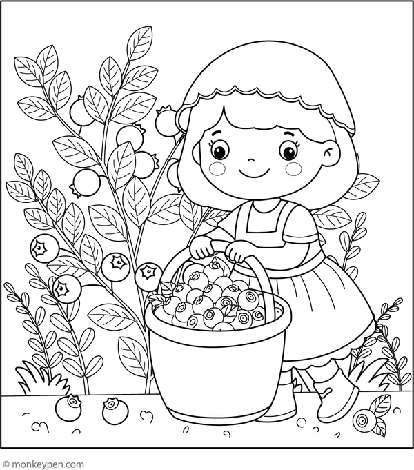 Coloring page of girl picking blueberries outdoors on a sunny day.