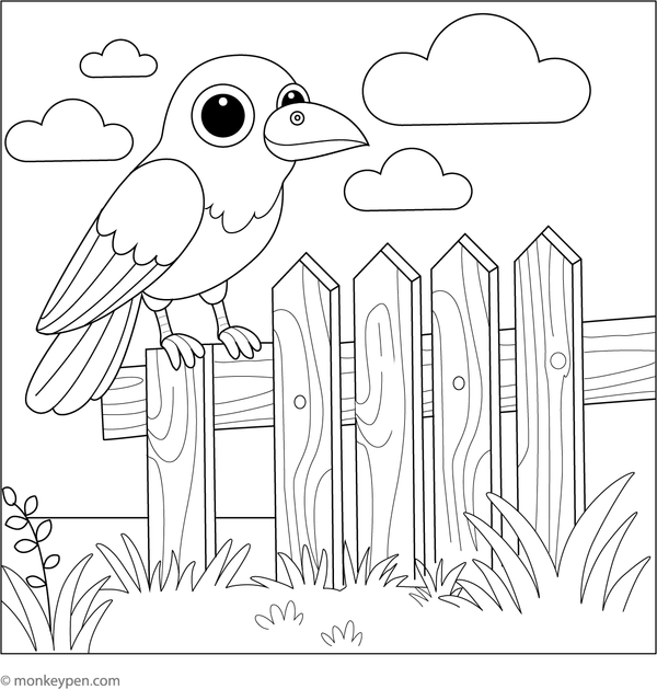 Free printable colouring page of a curious crow perched on a wooden fence looking around.