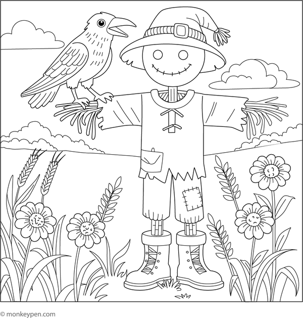 Free printable colouring page of a crow sitting on a scarecrow’s arm in a field.