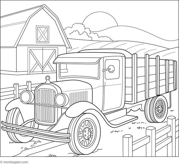 A classic vintage truck parked in a peaceful countryside setting for children to color