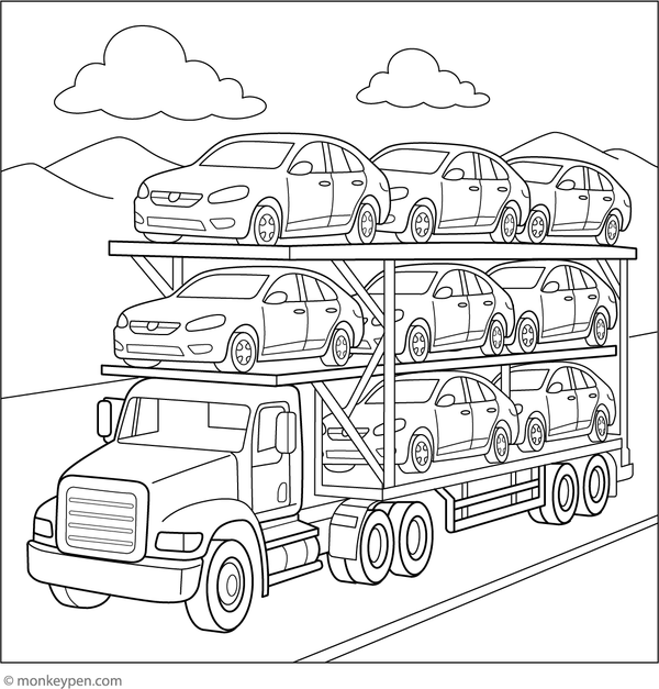 A large transport truck carrying multiple colorful cars, designed for children to color and explore vehicle transportation.