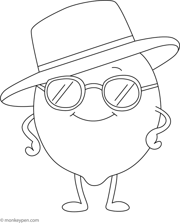 A printable coloring page of a playful lemon wearing sunglasses and a straw hat, ready for summer.