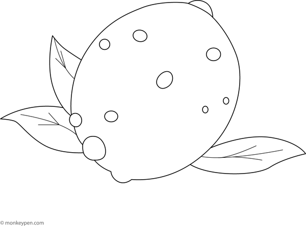 A detailed coloring page of a sliced lemon with tiny water droplets on its surface.