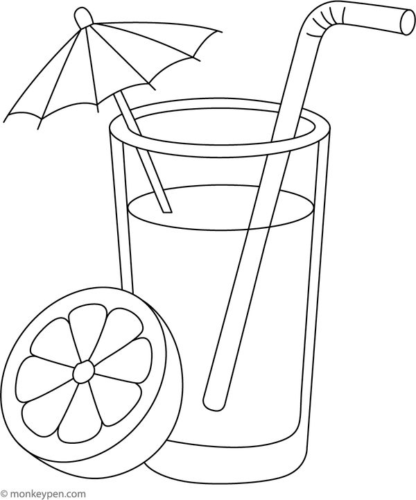 A coloring page of a jar filled with lemon juice, complete with a straw and lemon slices floating inside.