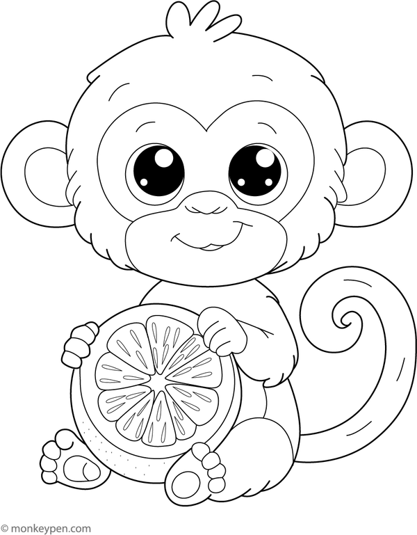Playful monkey peeling an orange for children to color.