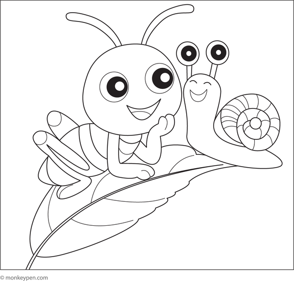 Printable coloring sheet showing a grasshopper and a snail on the ground in a garden setting