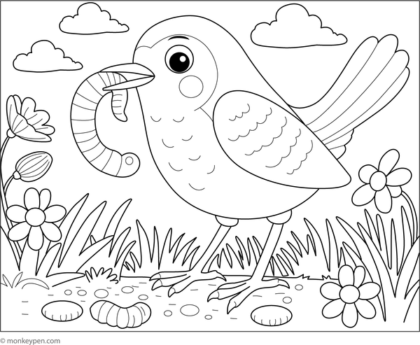 Robin holding a worm in its beak, perfect for kids to colour.
