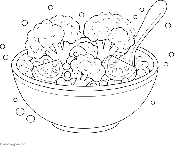 Coloring page of a bowl of broccoli salad with mixed vegetables.