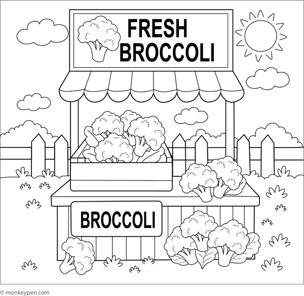 Coloring page depicting broccoli at a busy market stall.