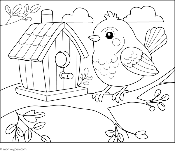 Robin sitting on a wooden birdhouse waiting to be coloured by kids.