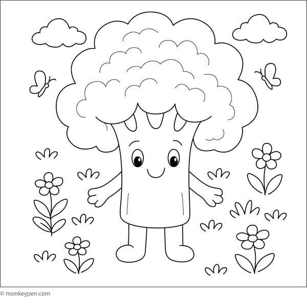 Coloring page of a cute cartoon broccoli with a smiling face.