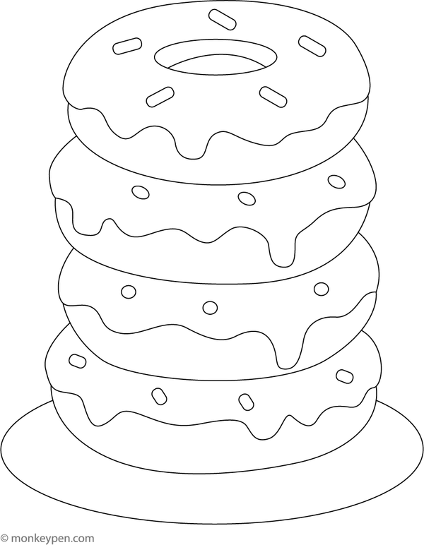 Stack of assorted donuts with colorful icing and sprinkles on a plate, ready to be colored.
