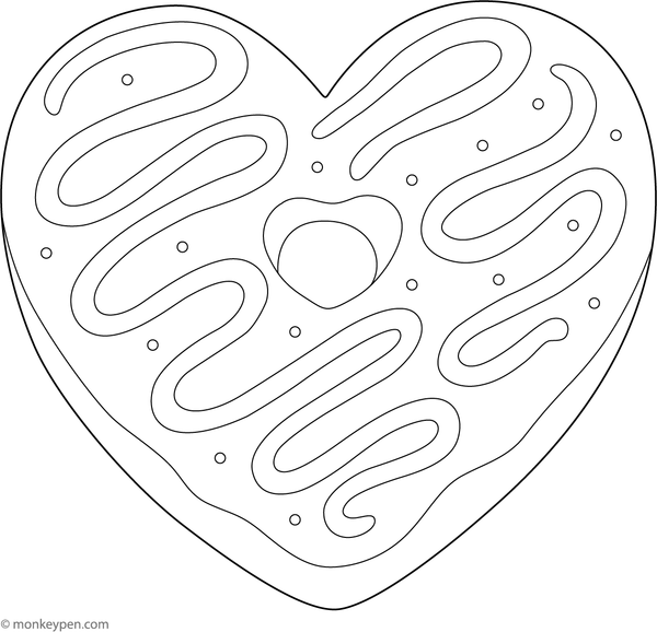 Heart-shaped donut with swirling icing and sprinkles, ready for coloring.