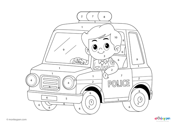 Free downloadable police car color-by-number PDF for kids featuring a flashing-light vehicle; a fun activity that supports number recognition and creativity through guided coloring.