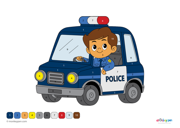 Free downloadable police car color-by-number PDF for kids featuring a flashing-light vehicle; a fun activity that supports number recognition and creativity through guided coloring.