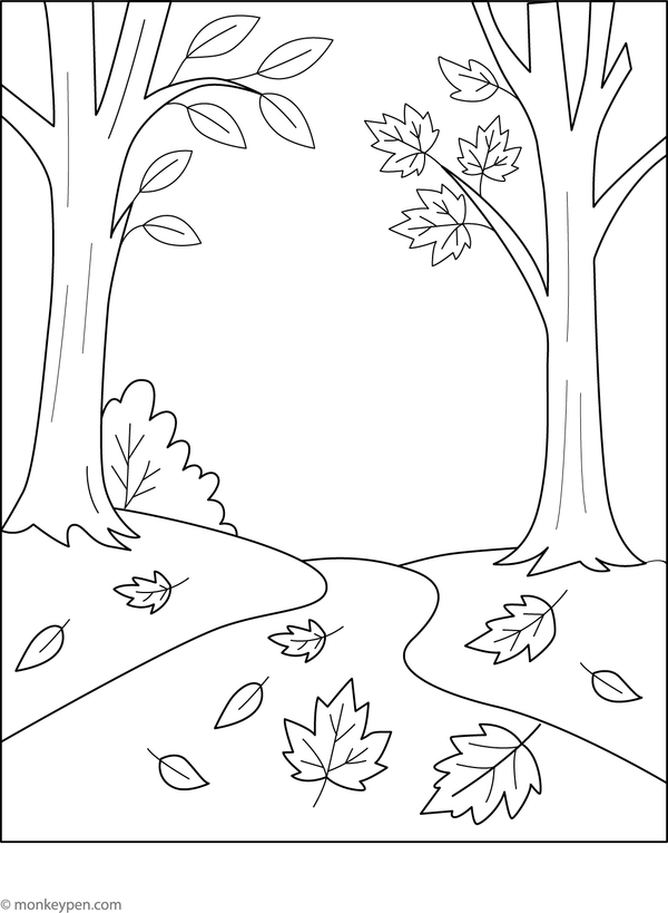 A peaceful coloring page of a forest path lined with falling leaves, designed for children to download and color.