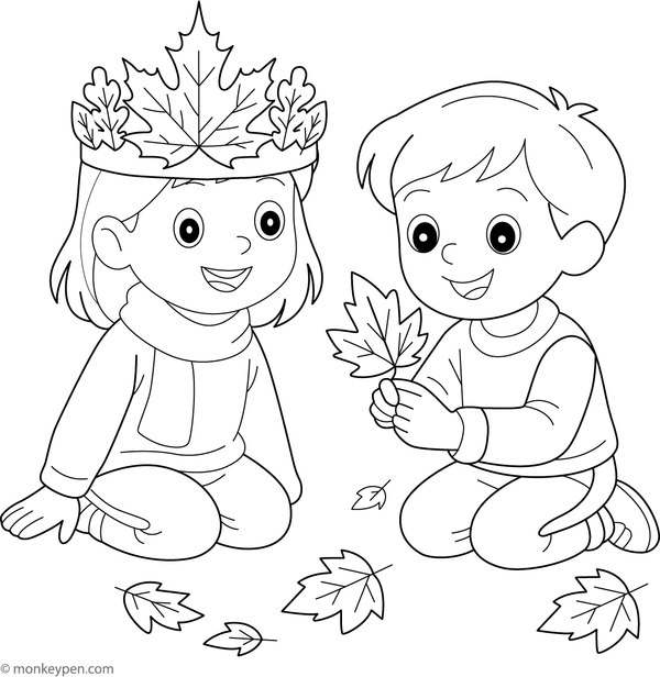 A printable coloring page showing children creating a leaf crown, perfect for inspiring creative activity.